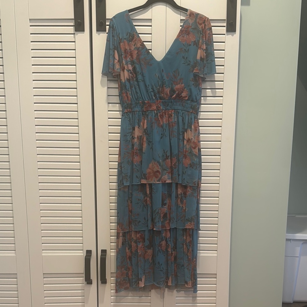 Maurices High Low Dress with Floral Design in Blue and Brown